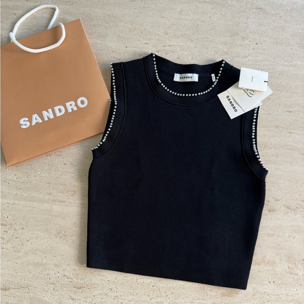 NWT Sandro Gild Faux Pearl Embellished Sleeveless Knit Tank Top Black  Sz/ 0 - Picture 7 of 12